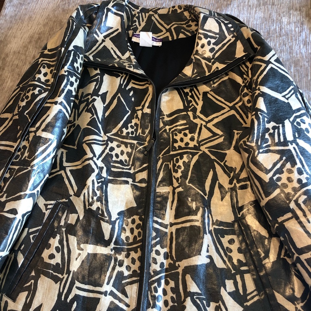 Marylou Ozbolt Storer Fiber Arts Batik Black White Trench Jacket Coat Medium